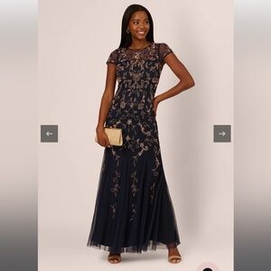 Adrianna Papell Navy Floral Beaded Gown